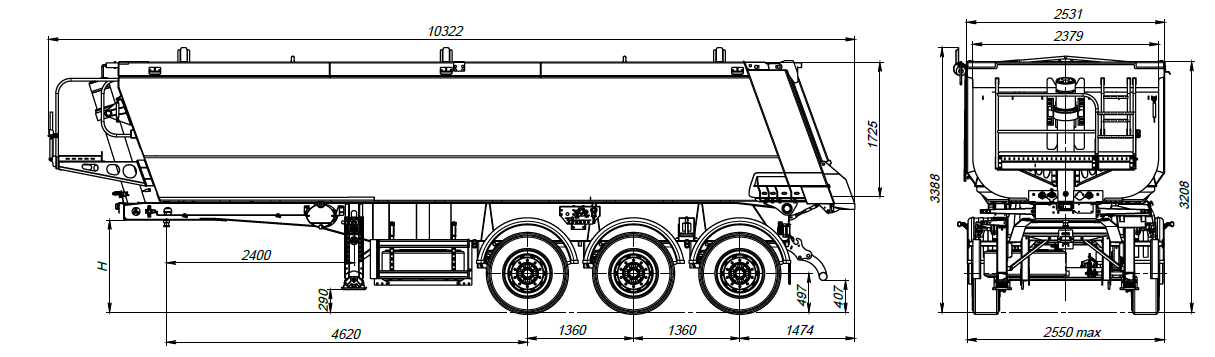 Dump Trucks DB3U34, 34m3 - технические характеристики